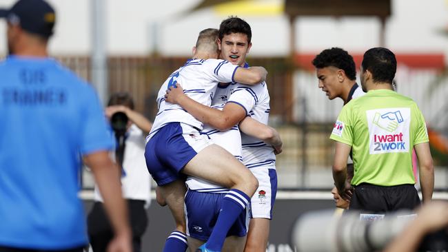 CCC celebrating their first try during the NSW U18 Combined Catholic Colleges v Combined Independent Schools game of the State Rugby League Tri-Series held at St Mary's Leagues Stadium. Picture: Jonathan Ng