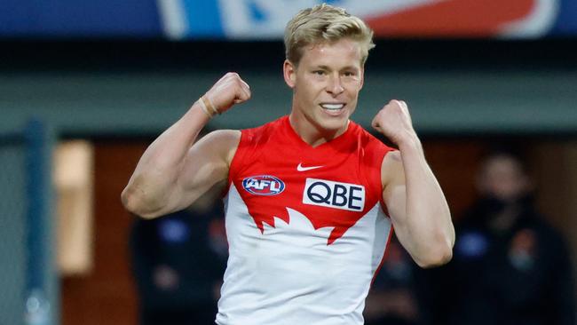 Isaac Heeney hopes to be doing plenty of celebrating in the next six seasons. Picture: Rob Blakers