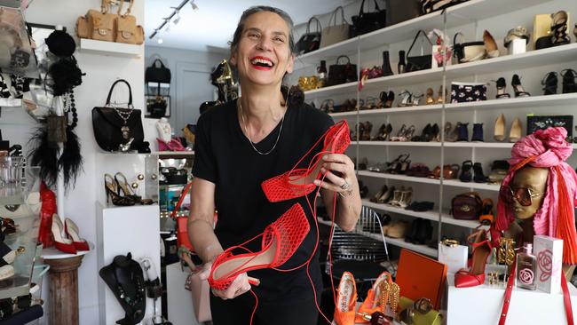 Pelle Designer Footwear and Accessories owner Monica Schnieper gets ready to reopen her consignment shop in Sydney’s inner-city Paddington. Picture: Jane Dempster