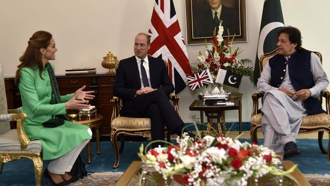 Prince William, centre, and his wife Kate meet Pakistani Prime Minister Imran Khan in Islamabad.