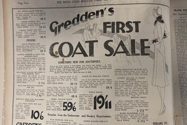 A coat sale Gold Coast Bulletin advertising, 1930,