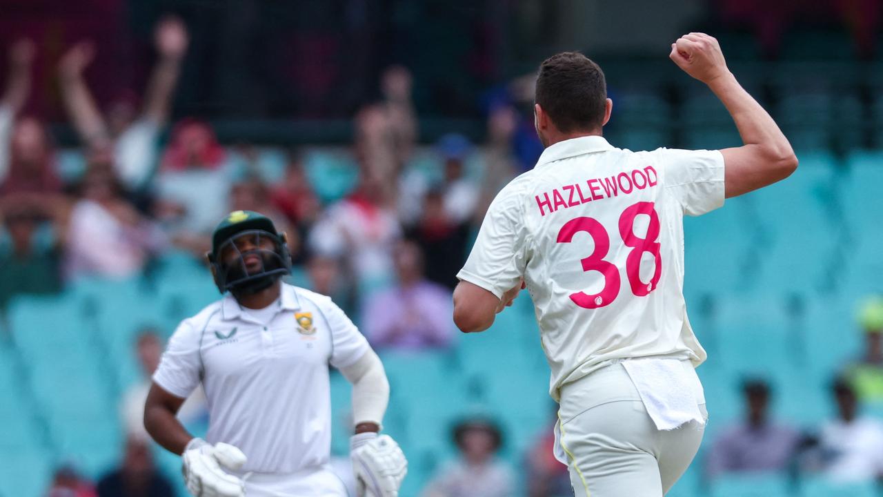 Josh Hazlewood celebrates dismissing Temba Bavuma. Picture: AFP