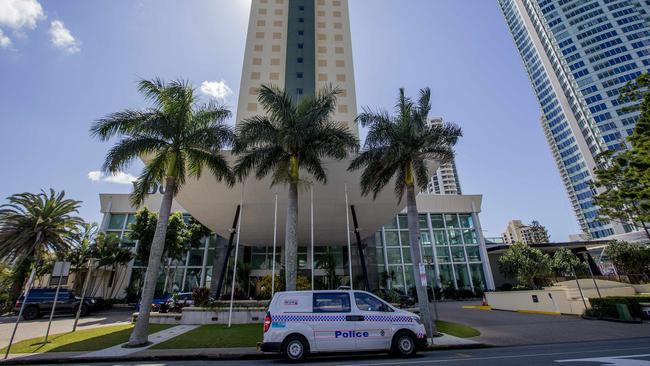 Police outside the Voco Gold in Surfers Paradise. Picture: Jerad Williams.