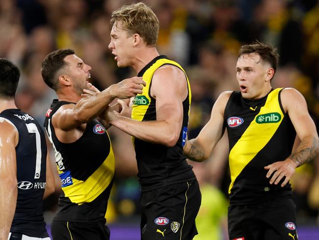 MELBOURNE, AUSTRALIA - MARCH 16: Jack Graham (left) and Tom Lynch of the Tigers celebrate during the 2023 AFL Round 01 match between the Richmond Tigers and the Carlton Blues at the Melbourne Cricket Ground on March 16, 2023 in Melbourne, Australia. (Photo by Michael Willson/AFL Photos via Getty Images)