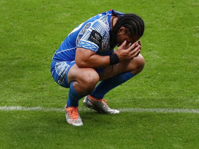 NEWCASTLE UPON TYNE, ENGLAND - OCTOBER 15: Martin Taupau of Samoa looks dejected during the Rugby League World Cup 2021 Pool A match between England and Samoa at St. James Park on October 15, 2022 in Newcastle upon Tyne, England. (Photo by George Wood/Getty Images for RLWC)