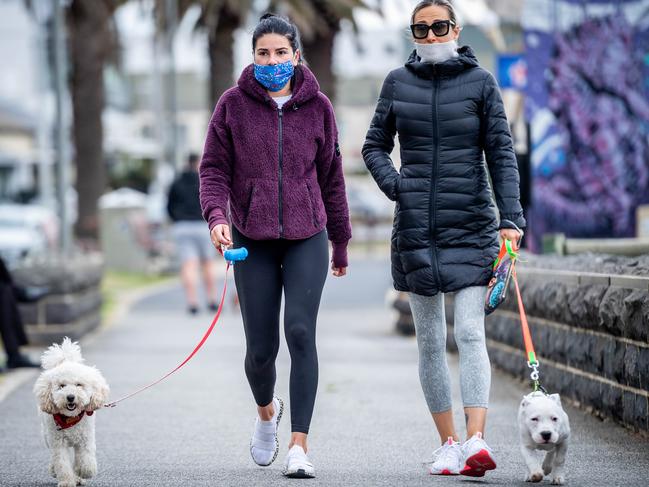 Two dog owners on a chilly walk with their pets in Port Melbourne. Picture: Jake Nowakowski