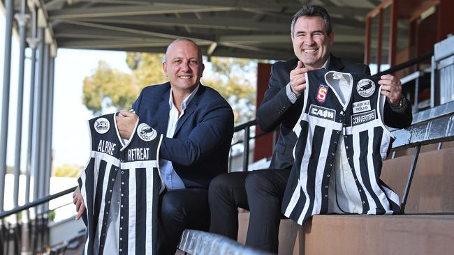 Magpies champs George Fiacchi and Tim Ginever were part of helping promote Port Adelaide’s 150th celebrations. Picture: Tom Huntley