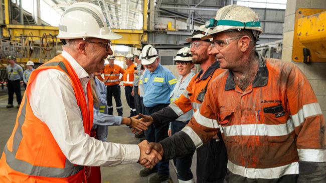 Prime Minister Anthony Albanese meets Lui Poli and other workers on a visit to Rio Tinto’s Boyne Smelters in Gladstone, Queensland, on Tuesday. Picture: Paul Beutel/NewsWire