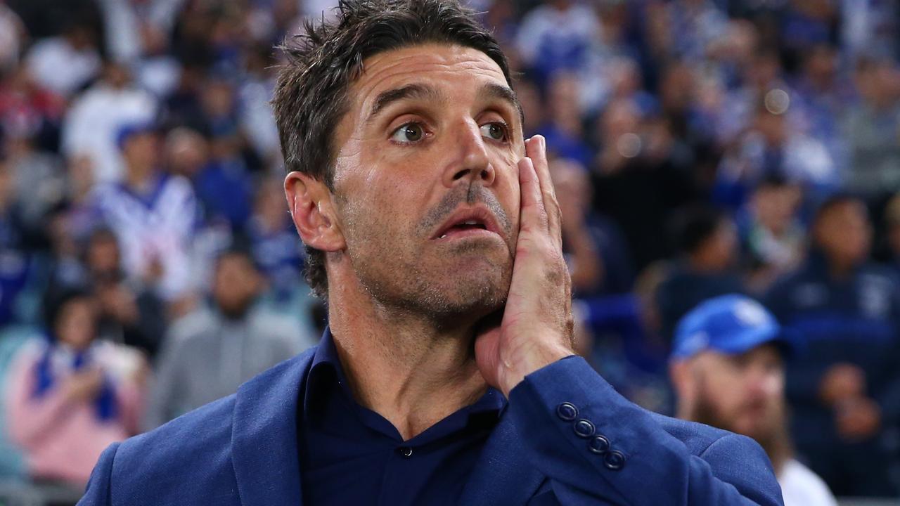 SYDNEY, AUSTRALIA - APRIL 30: Bulldogs coach Trent Barrett reacts after winning the round eight NRL match between the Canterbury Bulldogs and the Sydney Roosters at Stadium Australia on April 30, 2022 in Sydney, Australia. (Photo by Jason McCawley/Getty Images)