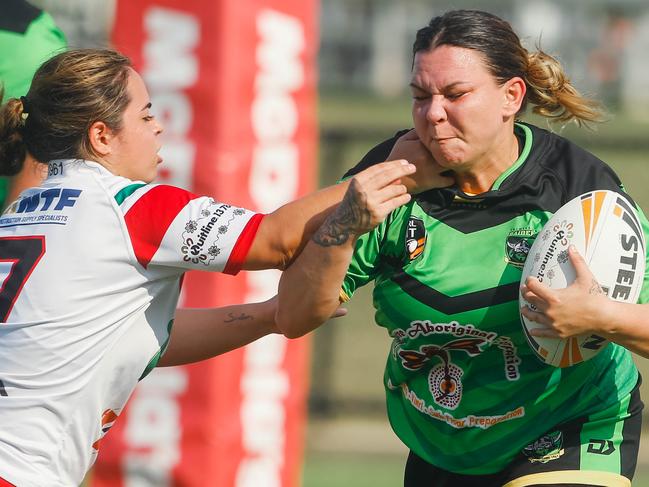 Palmerston's Ashley Stott (ball) in the Women's Preliminary Final between Nightcliff and Palmerston.Picture GLENN CAMPBELL