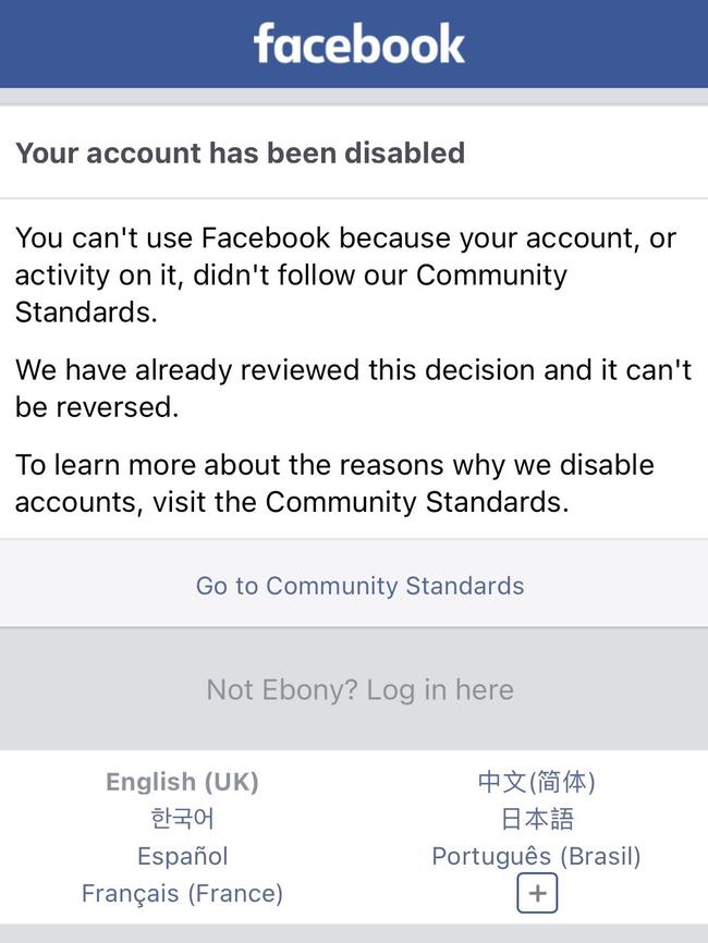 A Facebook notice received by Ebony Neumann