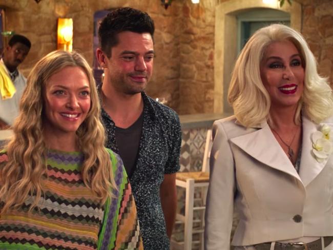 Cher in the new Mamma Mia! movie with Amanda Seyfried and Dominic Cooper.