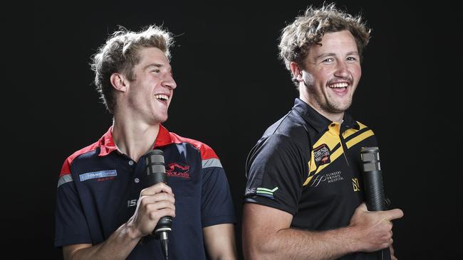 Glenelg’s Will Gould (right) and Norwood’s Dylan Stephens speak about their football journey and AFL draft hopes on this week’s Lowdown AFL Draft Podcast. Picture: SARAH REED.