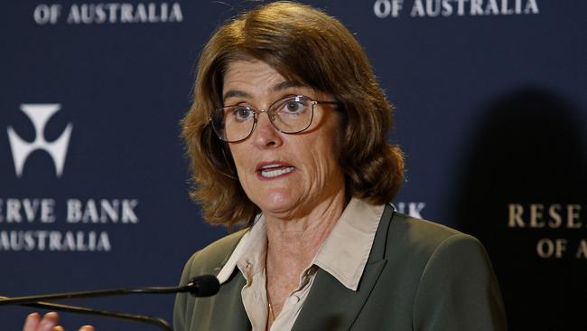 SYDNEY, AUSTRALIA - NewsWire Photos SEPTEMBER 24 , 2024:   Reserve Bank Governor Michele Bullock holding a press conference discussing the Reserve Bank Board's monetary policy decision. Rates will remain the same for now until inflation drops further. Picture: NewsWire / John Appleyard