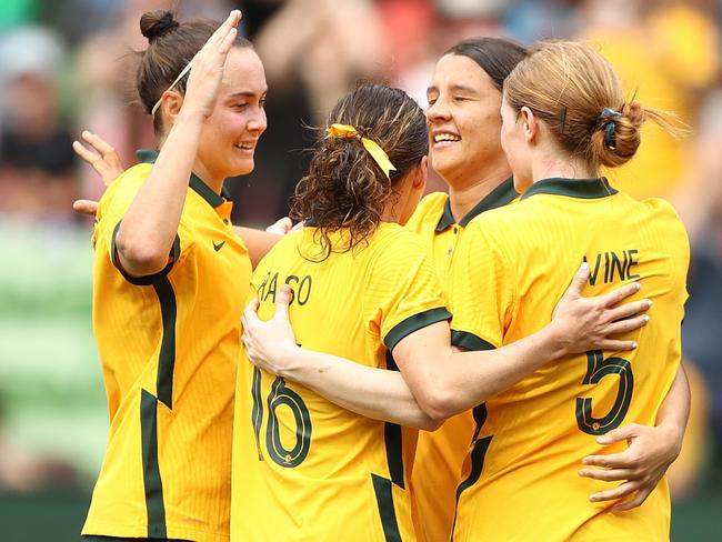 MELBOURNE, AUSTRALIA - NOVEMBER 12: Sam Kerr of the Matildas celebrates after scoring a goal during the International friendly match between the Australia Matildas and Sweden at AAMI Park on November 12, 2022 in Melbourne, Australia. (Photo by Robert Cianflone/Getty Images)