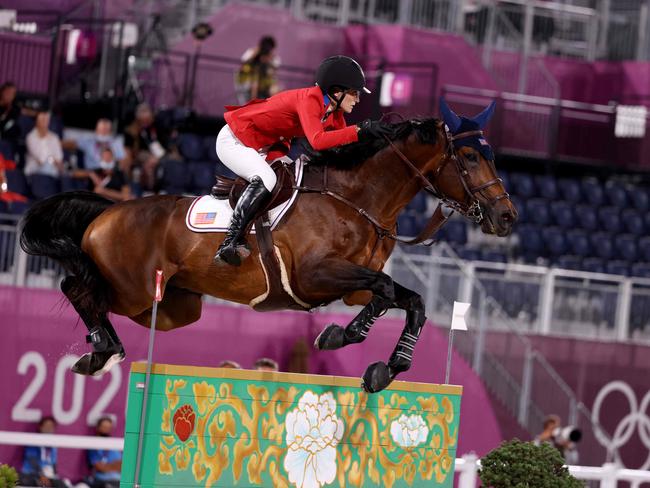 Jessica Springsteen riding Don Juan van de Donkhoeve in the equestrian team event. Picture: AFP