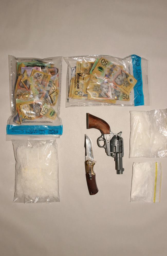 When police searched Lauchlan Joseph McGregor on the night of October 16 they found 32g of cocaine and 126g of meth on his person and a package containing 200g of meth in the vehicle. The police also found $25,000 in cash and a handgun and knife. Picture: Contributed.