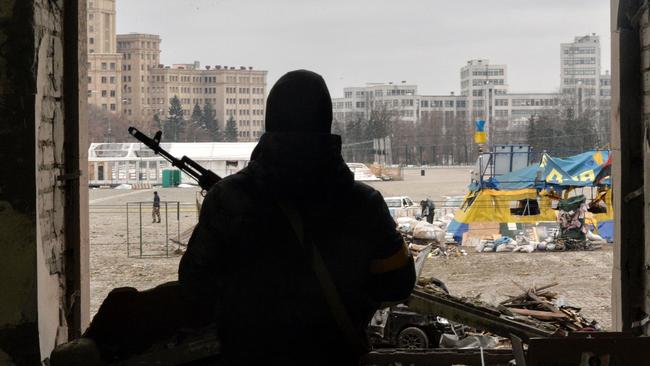 A view of the square outside the damaged local city hall of Kharkiv as a result of Russian shelling. Picture: AFP