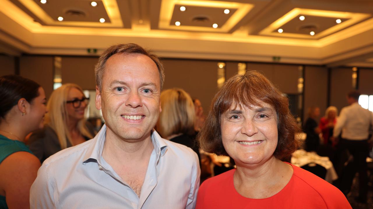 Keith Woods and Carolyn Evans at the Gold Coast Central Chamber of Commerce Economic Health Check Breakfast 2024 at Mantra on View Surfers Paradise for Gold Coast at Large. Picture: Portia Large