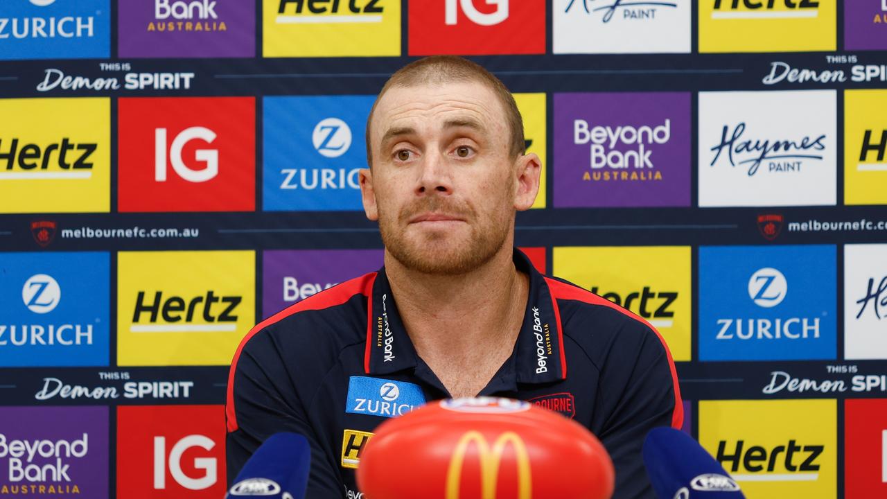 MELBOURNE, AUSTRALIA – MARCH 17: Simon Goodwin, Senior Coach of the Demons speaks to the media during the 2024 AFL Round 01 match between the Melbourne Demons and the Western Bulldogs at the Melbourne Cricket Ground on March 17, 2024 in Melbourne, Australia. (Photo by Dylan Burns/AFL Photos via Getty Images)