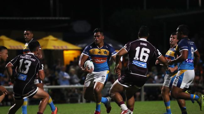 Gold Coast Titans player Herman Ese'ese attacks the Burleigh Bears line during a pre-season trial at Pizzey Park. February 20, 2021. Photo Jason O'Brien