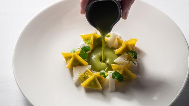 Crab and Summer Pea Tortellini, Jicama, Confit Garlic and Zucchini Sauce at Stokehouse Q, South Bank.