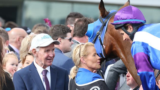 Paddy Payne (left) talks with daughter Michelle Payne after The Oaks. Pic: Michael Klein