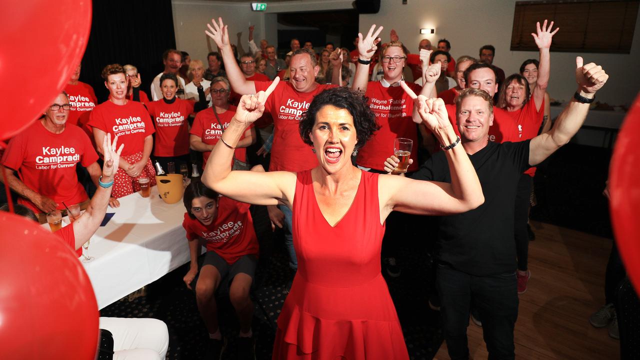 Kaylee Campradt enjoys the night while waiting for the Tally count for the seat of Currumbin. Photo: Scott Powick