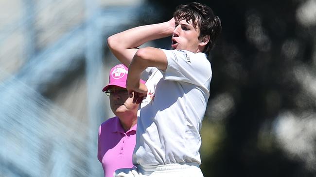 Altona star James Grubb sends one down. Picture: Nigel Hallett