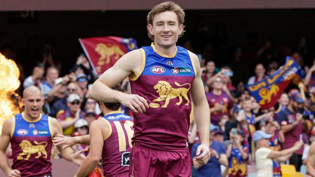 BRISBANE, AUSTRALIA - AUG 11: Harris Andrews of the Lions his team out during the 2024 AFL Round 22 match between the Brisbane Lions and the GWS GIANTS at The Gabba on August 11, 2024 in Brisbane, Australia. (Photo by Russell Freeman/AFL Photos via Getty Images)