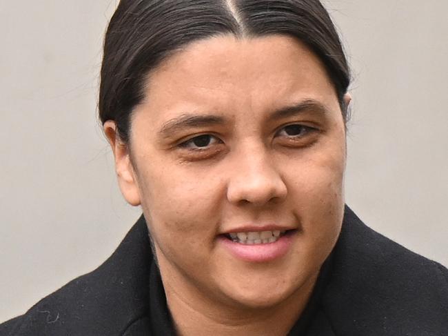 KINGSTON UPON THAMES, ENGLAND - FEBRUARY 3: Australian footballer Sam Kerr arrives outside the Crown Court ahead of her trial for a racial harassment case on February 3, 2025 in Kingston upon Thames, England. The Matildas star, who also plays professionally for Chelsea in the Women's Super League, is facing charges of "racially aggravated harassment" of a police officer related to an incident in Twickenham on January 30, 2023.  (Photo by Leon Neal/Getty Images)