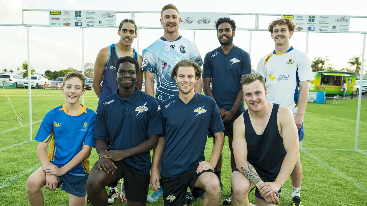 Fastest Male Footballer 75 yards final entrants with winner Austin Jennings (back, centre) on 2021 Postle Gift Raceday at Club Pittsworth, Saturday, October 30, 2021. Picture: Kevin Farmer