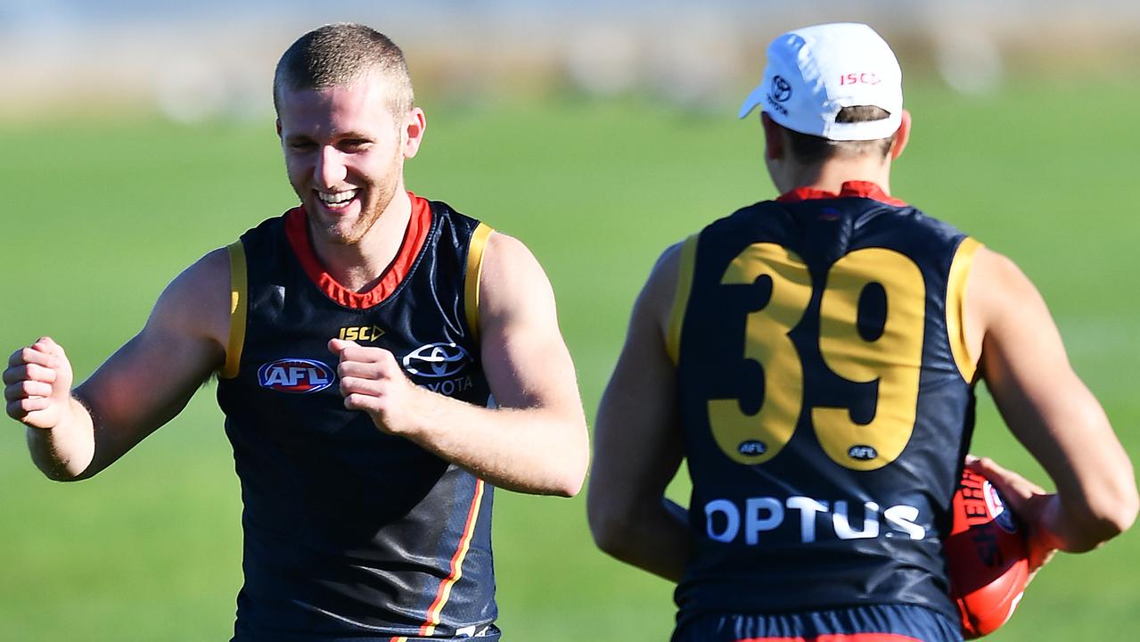 Andrew McPherson, left, and Tom Doedee at Crows training. Picture: Mark Brake/Getty Images