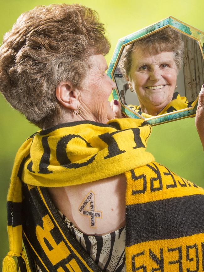 Dustin Martin's grandmother Lois Knight shows off her first tattoo at age 70 to celebrate Richmond's premiership win. Picture: Rob Leeson