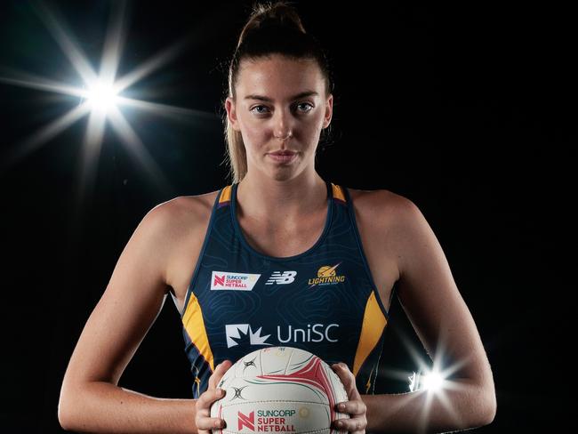 GOLD COAST, AUSTRALIA - FEBRUARY 22:  Ashleigh Ervin poses during the Lightning Super Netball 2023 headshots session at the Gold Coast Leisure Centre on February 22, 2023 in Gold Coast, Australia. (Photo by Matt King/Getty Images for Netball Australia