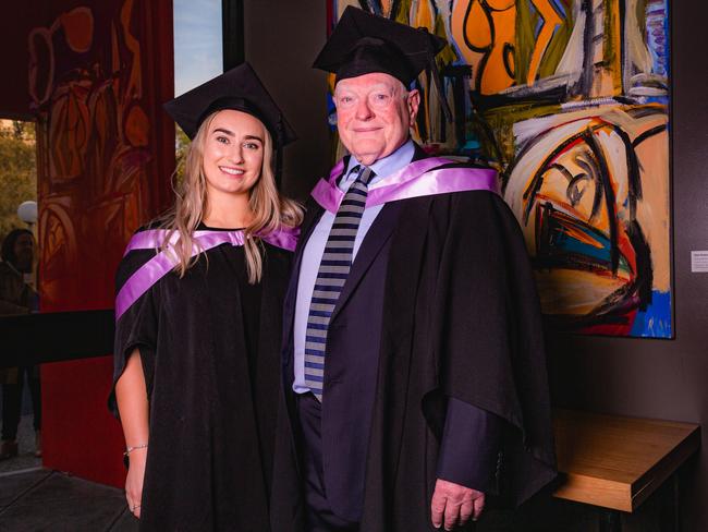 Graduation Ceremony at the University of Tasmania, Burbury Theatre on Friday 28th April 2023.Batchelor of paramedic medicine graduates, Jen Carter and Bob Muller.Picture: Linda Higginson