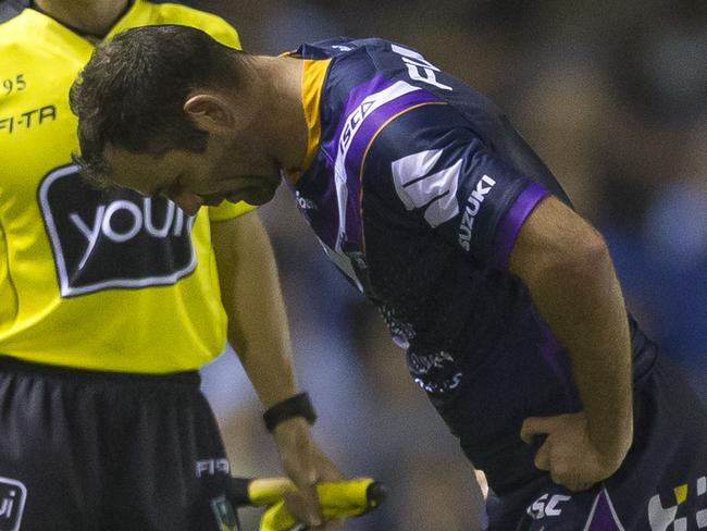 Cameron Smith of the Storm is sin binned but wasn't keen to leave the field during the Round 4 NRL match between the Cronulla-Sutherland Sharks and the Melbourne Storm at Southern Cross Group Stadium in Sydney, Friday, March 30, 2018. (AAP Image/Craig Golding) NO ARCHIVING, EDITORIAL USE ONLY