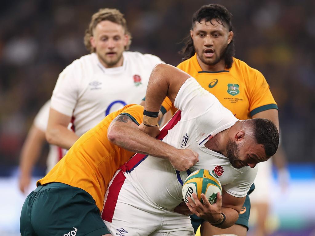 Ellis Genge is tackled during game one at Optus Stadium last weekend.