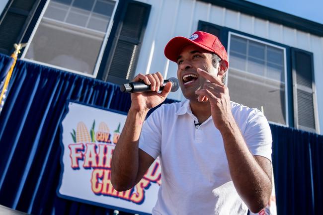 Republican hopeful Vivek Ramaswamy grabbed a mic and rapped an Eminem song at the Iowa State Fair on August 12, 2023