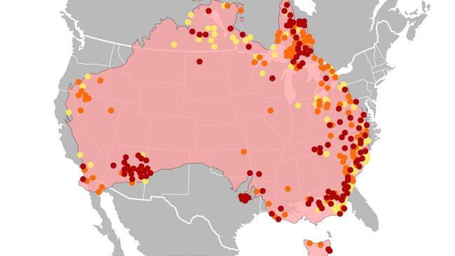 America's ABC News tweeted this hotspot map to correct the previous exaggerated map "which indicated overall regions affected ... the blazes". Picture: Twitter