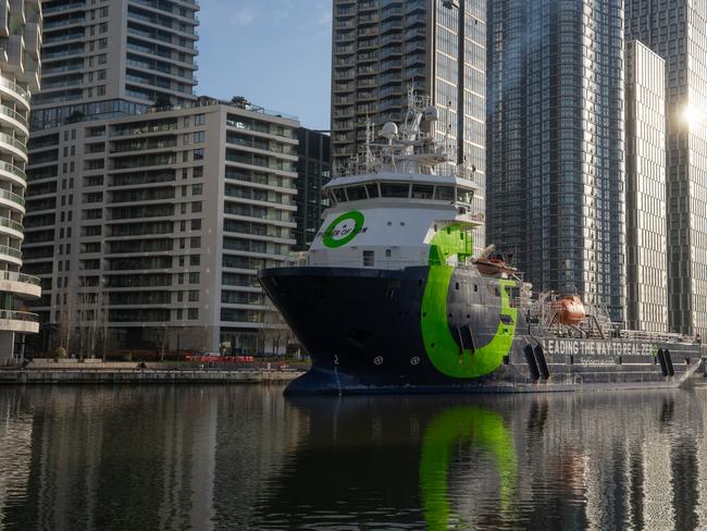 Andrew Forrest's Fortescue Green Pioneer ship docks at Canary Wharf in London on Sunday to showcase its conversion to run on ammonia. Picture: supplied