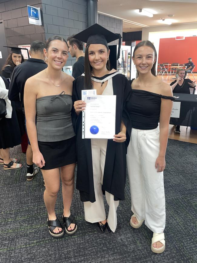 Abbey Sneddon, Tessa Sneddon (Bachelor of Occupational Therapy: Honours) and Emily Sneddon at the Federation University Churchill Campus graduations on Tuesday, March 25, 2025. Picture: Jack Colantuono