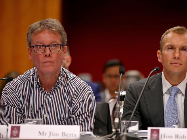 The senate estimates hearing into Planning and Public Spaces held in the Macquarie Room at Parliament House. L-R Jim Betts (Secretary, Dept of Planning, Industry and Environment) and Planning and Public Spaces Minister Rob Stokes give evidence. Picture: Toby Zerna