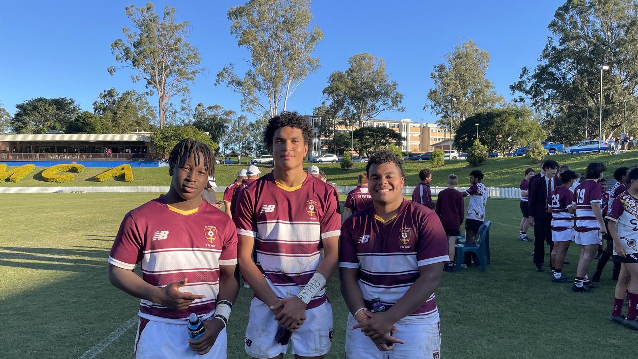 St Peters First XV players after the win over Ashgrove. Left to right: Hassan Sheriff, Jirra Twist, Moe Koroi.