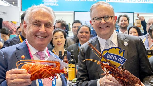 Don Farrell and Anthony Albanese visits the Australian stalls at China International Import Expo in Shanghai on Sunday. Picture: Prime Minister’s Office/X