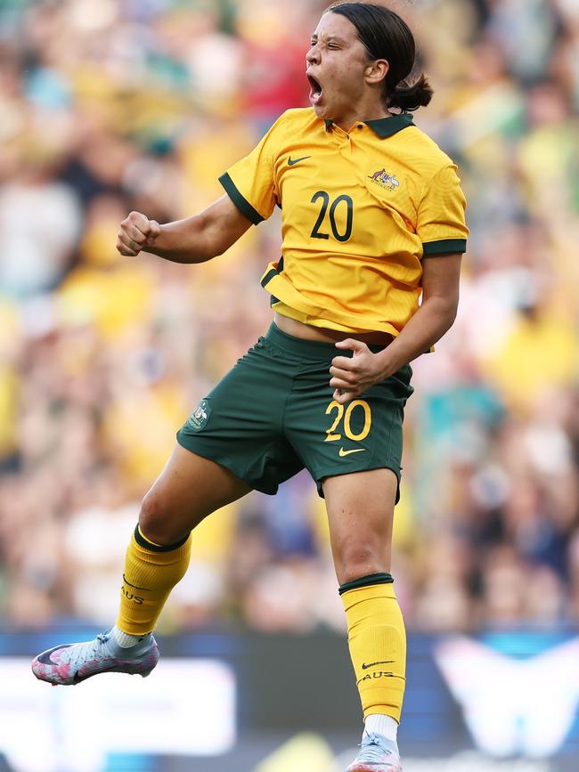 Sam Kerr celebrates scoring a goal that was later ruled off-side during the match between the Matildas and Spain. Picture: Brendon Thorne/Getty