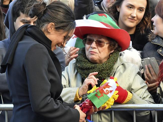 Meghan Markle meets the crowds during a visit with Britain’s Prince Harry to Cardiff Castle in south Wales, Thursday Jan. 18, 2018. Picture: AP