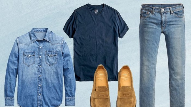 Clockwise from left: Ralph Lauren Purple Label Denim Shirt, $595, RalphLauren.com; Cotton T-shirt, $37, JCrew.com; Slim-Fit Jeans, $70, Levi.com; Suede Penny Loafers, $590, us.OfficineCreative.store