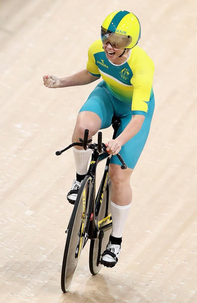 McCulloch celebrates winning the 500m time trial at the Gold Coast Commonwealth Games. Picture: Ryan Pierse (Getty).