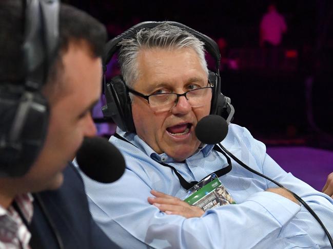 2GB radio host Ray Hadley (right) is seen at the fight between Jeff Horn and Anthony Mundine at Suncorp Stadium in Brisbane, Friday, November 30, 2018. (AAP Image/Darren England) NO ARCHIVING, EDITORIAL USE ONLY